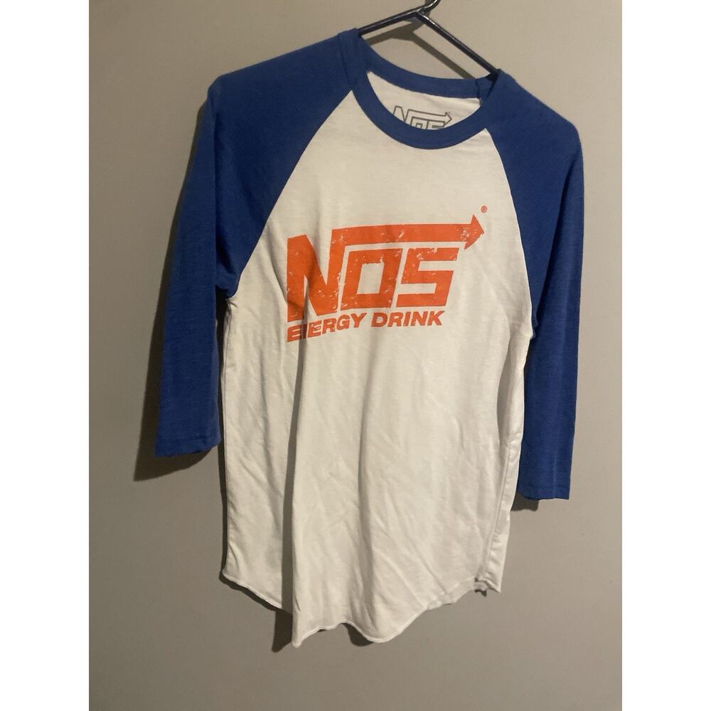 NOS Energy Drink Raglan Baseball 3/4 Sleeve White T- Shirt Jersey Medium‎